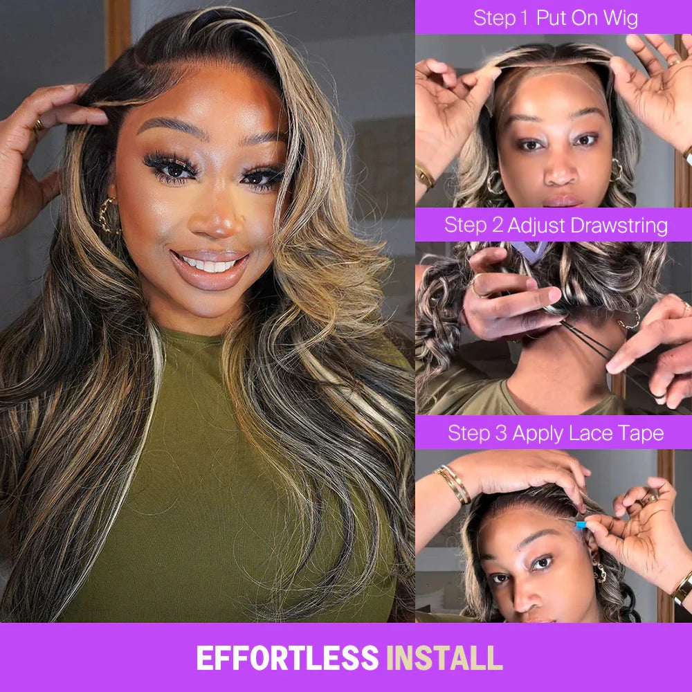 5x6 13x6 Glueless Wig Platinum Blonde Balayage Highlights Lace Frontal Wigs Body Wave With Drawstring 100% Human Hair