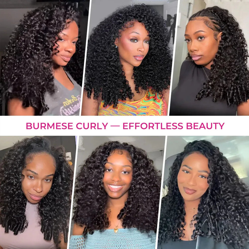 Burmese Curly Half Wig Vietnamese Glueless 100% Raw Human Hair Half Wig With Drawstring Seamless Clips Deep Wave 3 IN 1 Half Wig
