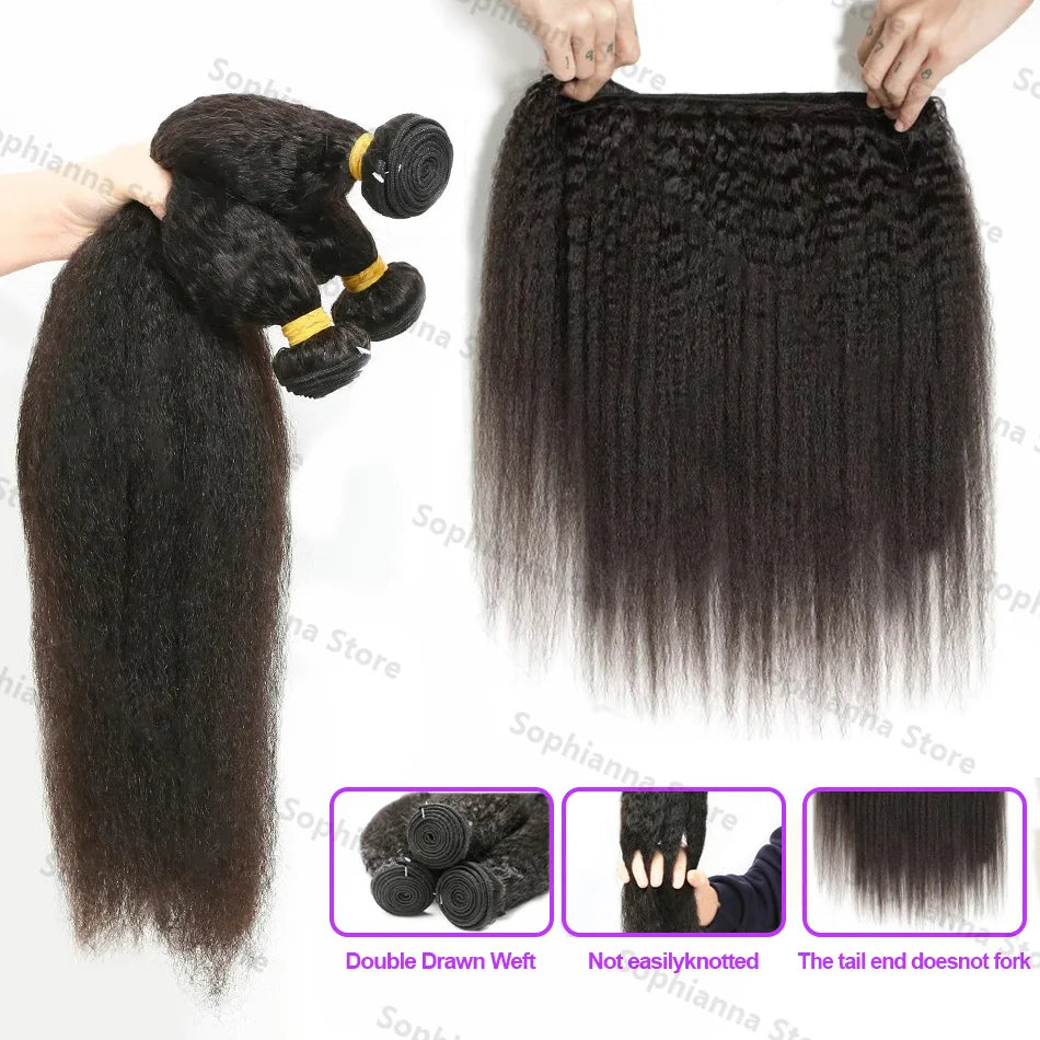 30 Inch 100% Human Hair Indian 12A Kinky Straight 3 Bundles Raw Virgin Unprocessed Yaki Straight Double Weft Bulk Braiding Hair