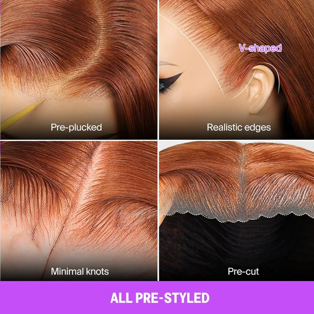 13x6 Three-Go Dark Copper Ginger Glueless Wig Loose Body Wave Hair With Drawstring Band Put On Go Human Hair Wig 210%