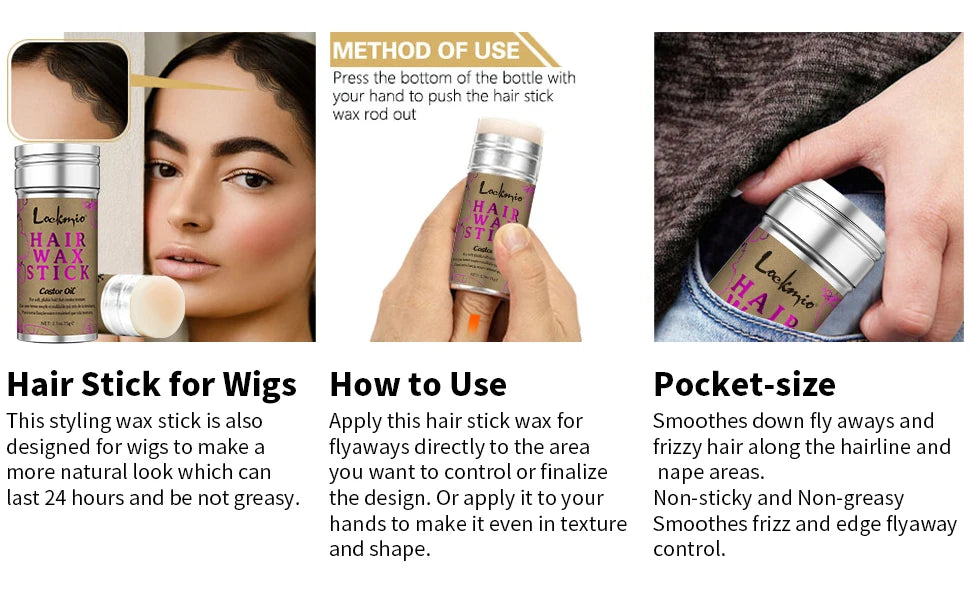 LOCKMIO 75g Hair Wax Stick With Castor Oil Tames Frizz Smooth Flyaways Strong Hold Edge Styling Finishing Broken Hair Pomade Wax