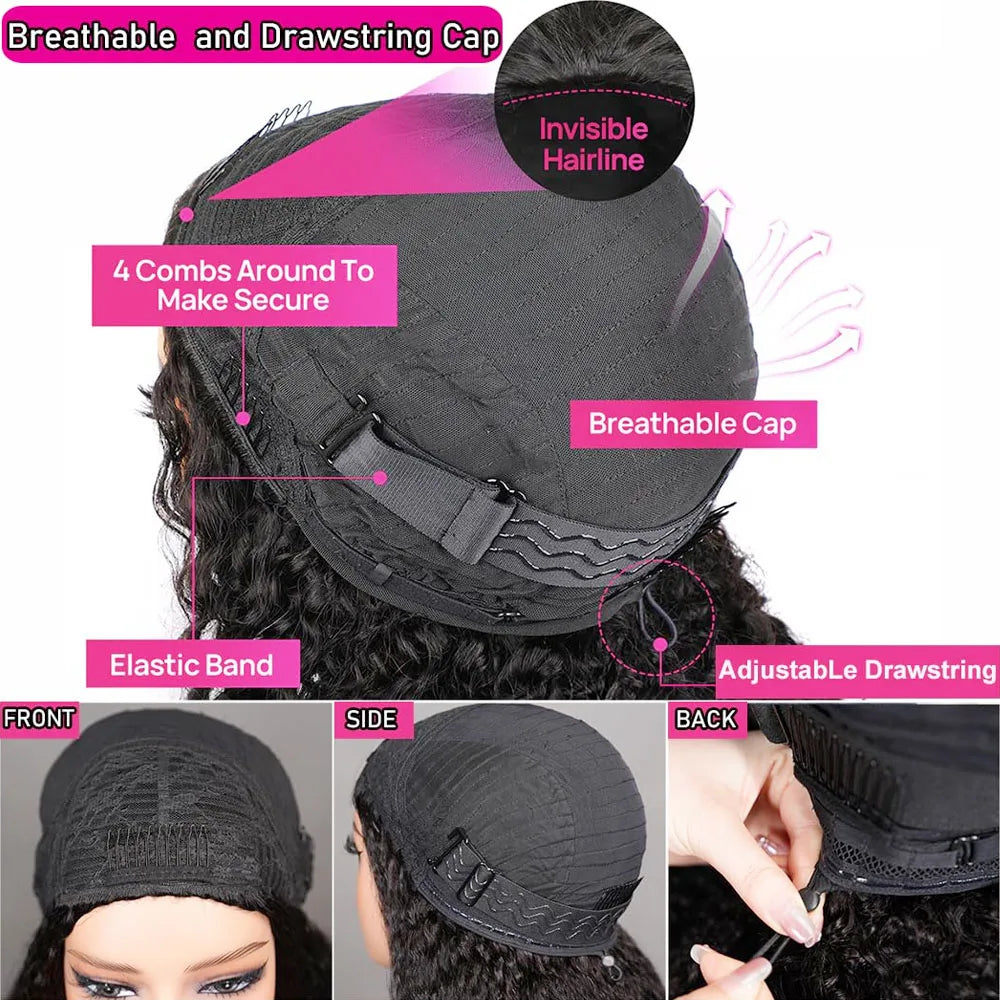Burmese Curly Half Wig Vietnamese Glueless 100% Raw Human Hair Half Wig With Drawstring Seamless Clips Deep Wave 3 IN 1 Half Wig