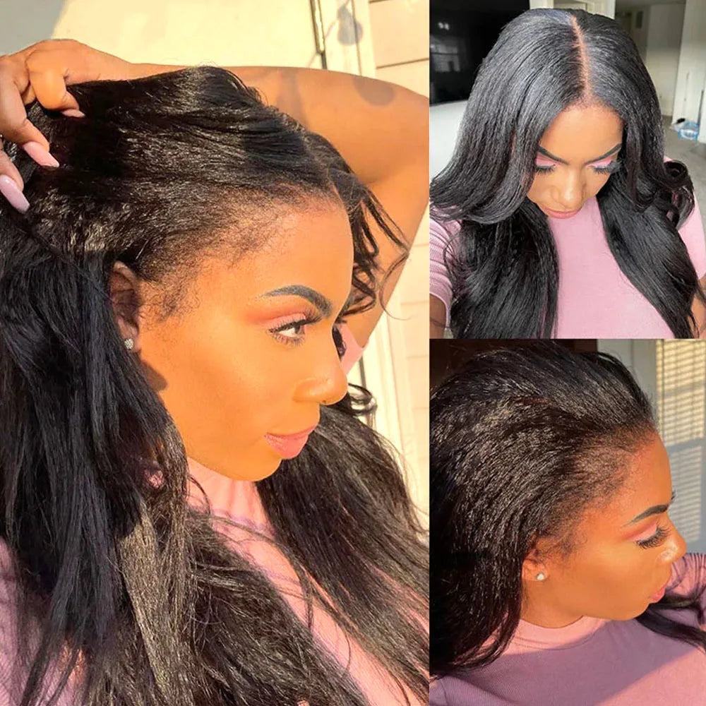 4C Edges Kinky Straight Invisi Strap 360 Full Lace Frontal Wig Yaki Straight Lace Front Human Hair Wig Glueless Wear And Go Wig
