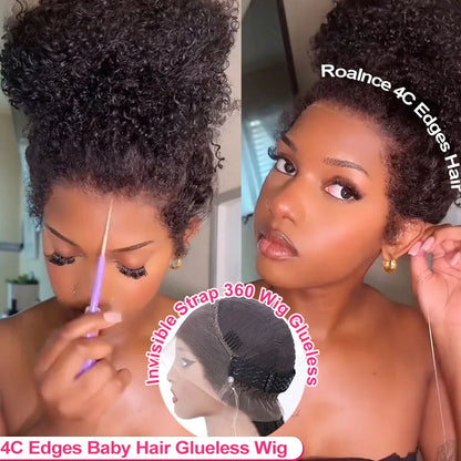 4C Edges Invisible String Snug Fit 360 Full Lace Glueless Frontal Wig With Drawstring Kinky Curly Lace Front 100% Human Hair Wig