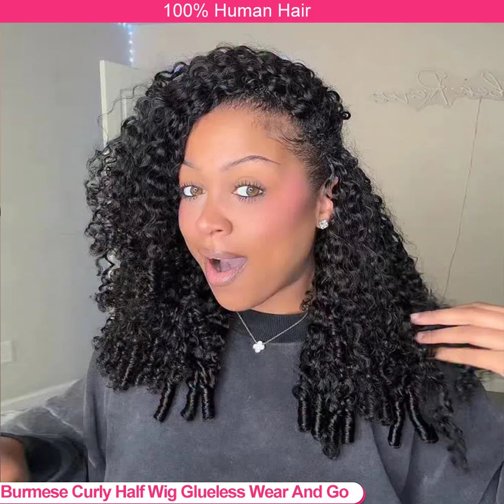 Burmese Curly Half Wig Vietnamese Glueless 100% Raw Human Hair Half Wig With Drawstring Seamless Clips Deep Wave 3 IN 1 Half Wig