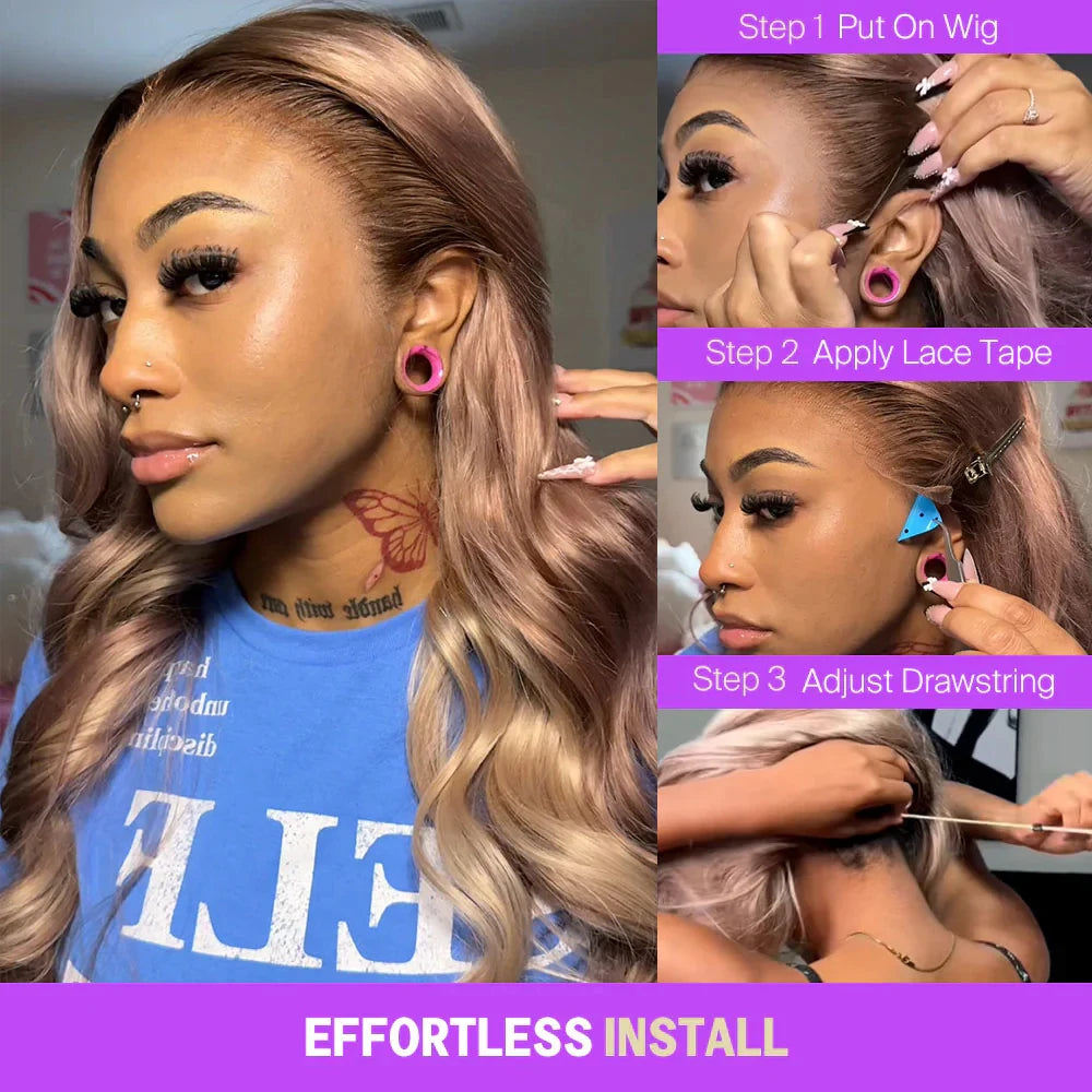13x6 Three-Go Ombre Strawberry Blonde Glueless Wigs Body Wave with Drawstring 100% Human Hair Wig