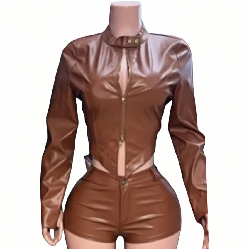 HLJ&amp;GG Fashion Leather Zipper Biker Jacket Two Piece Sets Women Long Sleeve Slim Crop Top And Shorts Outfits Y2K 2pcs Streetwear
