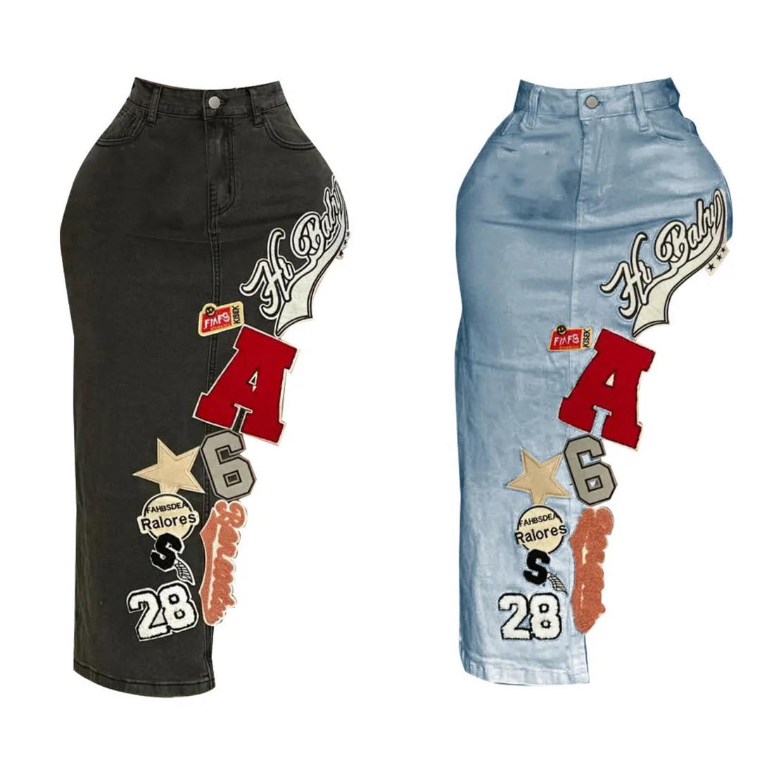 Fashion Embroidery Letter Irregular Skinny Denim Skirts Women High Waisted Button Pocket Cowboy Bottoms Female Streetwear
