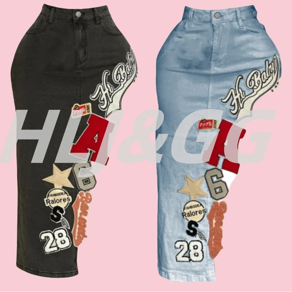 Fashion Embroidery Letter Irregular Skinny Denim Skirts Women High Waisted Button Pocket Cowboy Bottoms Female Streetwear