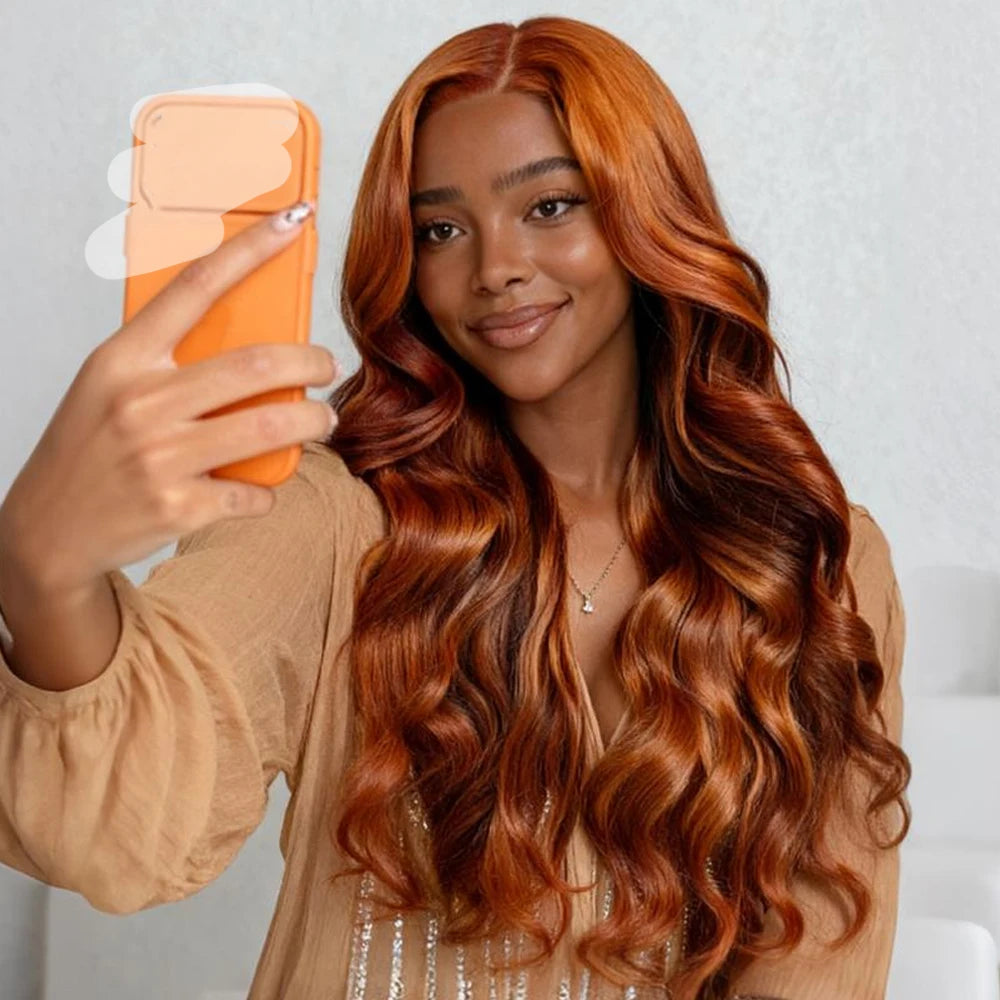 13x6 Three-Go Dark Copper Ginger Glueless Wig Loose Body Wave Hair With Drawstring Band Put On Go Human Hair Wig 210%
