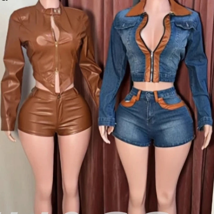 HLJ&amp;GG Fashion Leather Zipper Biker Jacket Two Piece Sets Women Long Sleeve Slim Crop Top And Shorts Outfits Y2K 2pcs Streetwear