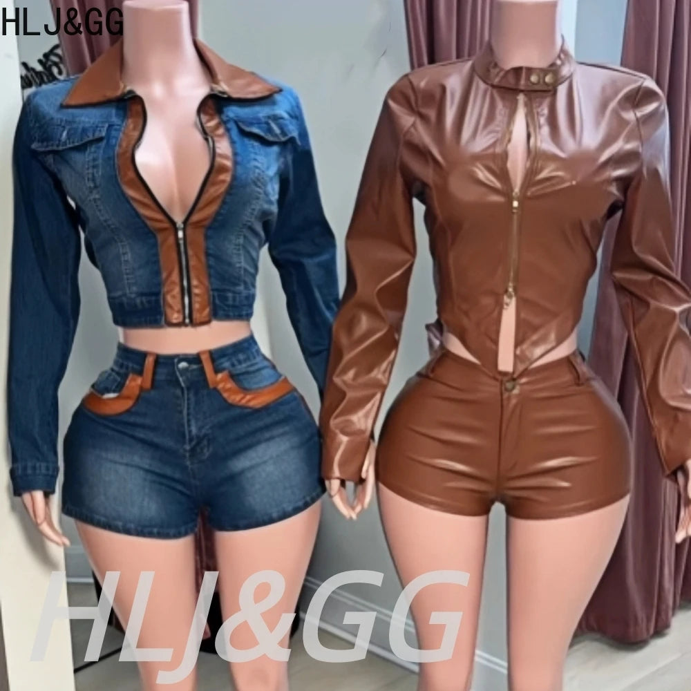 HLJ&amp;GG Fashion Leather Zipper Biker Jacket Two Piece Sets Women Long Sleeve Slim Crop Top And Shorts Outfits Y2K 2pcs Streetwear