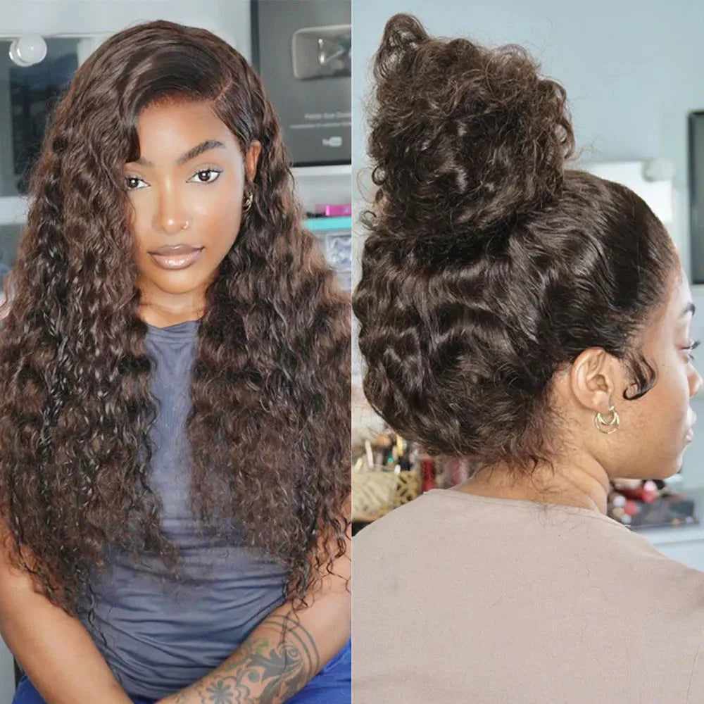 Chocolate Brown Deep Wave Frontal Wig Glueless 100% Human Hair Wig Invisible Strap 360 Full Lace 13x6 13x4 HD Lace Front Wig