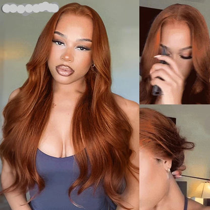 13x6 Three-Go Dark Copper Ginger Glueless Wig Loose Body Wave Hair With Drawstring Band Put On Go Human Hair Wig 210%