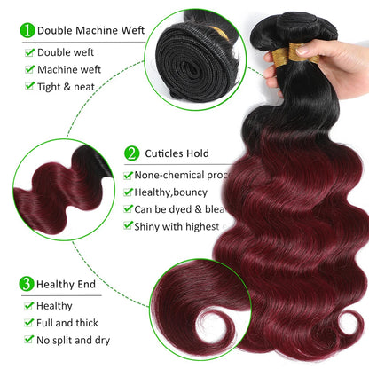 1B99J Body Wave Bundles With Closure Brazilian Human Hair Weave Bundles With 4x4 Lace Closure Hair Extension 3/4 Bundles Remy