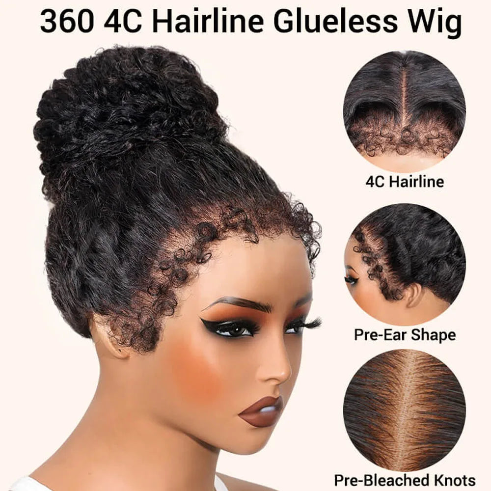 4C Edges Invisible String Snug Fit 360 Full Lace Glueless Frontal Wig With Drawstring Kinky Curly Lace Front 100% Human Hair Wig