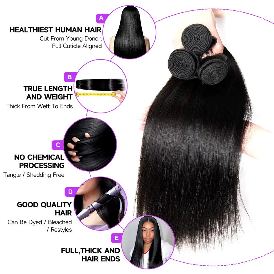 38 40 Inch Bone Straight 100% Weave Human Hair Bundles Raw Hair Extensions Brazilian Natural Black 3 4 Bundle Deals Unprocessed