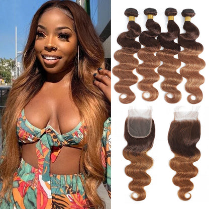 1B99J Body Wave Bundles With Closure Brazilian Human Hair Weave Bundles With 4x4 Lace Closure Hair Extension 3/4 Bundles Remy