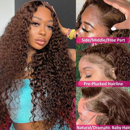 Chocolate Brown Deep Wave Frontal Wig Glueless 100% Human Hair Wig Invisible Strap 360 Full Lace 13x6 13x4 HD Lace Front Wig
