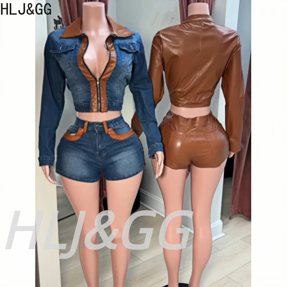 HLJ&amp;GG Fashion Leather Zipper Biker Jacket Two Piece Sets Women Long Sleeve Slim Crop Top And Shorts Outfits Y2K 2pcs Streetwear