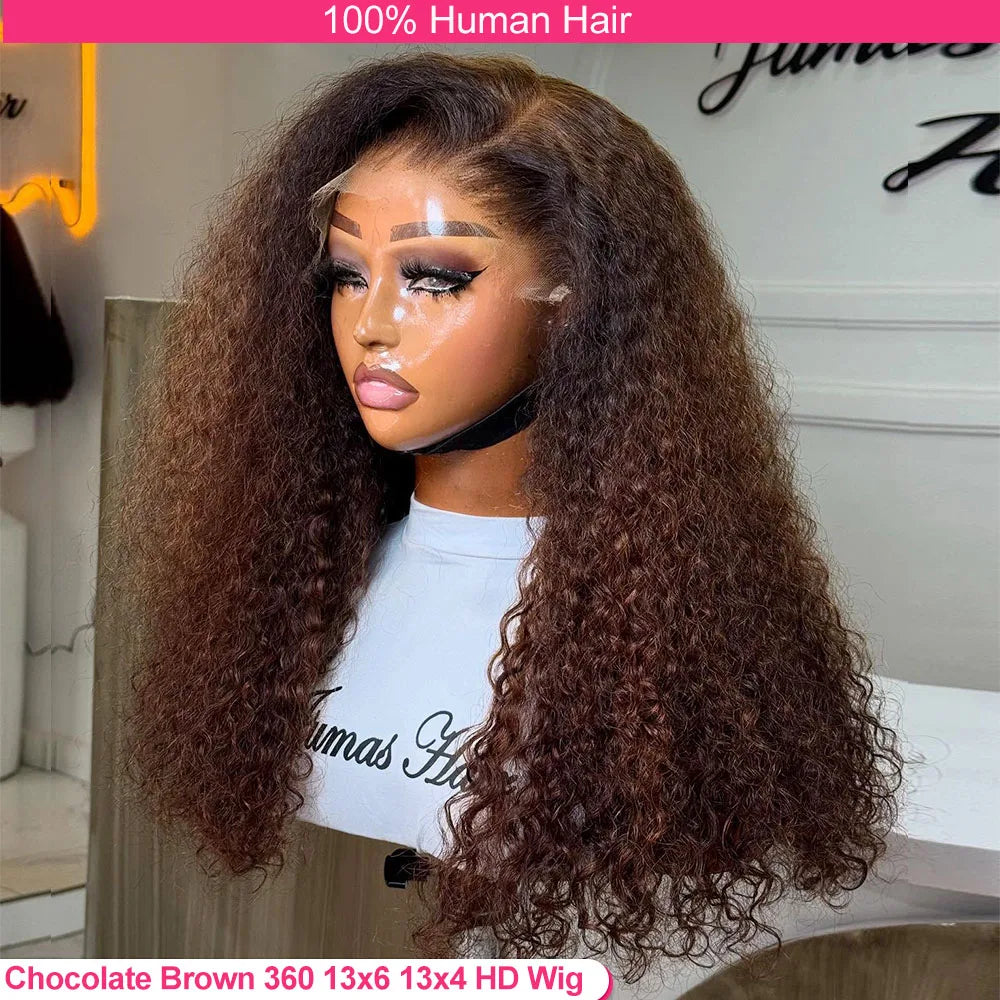 Chocolate Brown Deep Wave Frontal Wig Glueless 100% Human Hair Wig Invisible Strap 360 Full Lace 13x6 13x4 HD Lace Front Wig