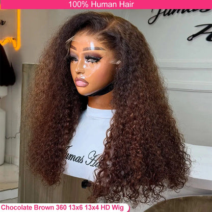 Chocolate Brown Deep Wave Frontal Wig Glueless 100% Human Hair Wig Invisible Strap 360 Full Lace 13x6 13x4 HD Lace Front Wig