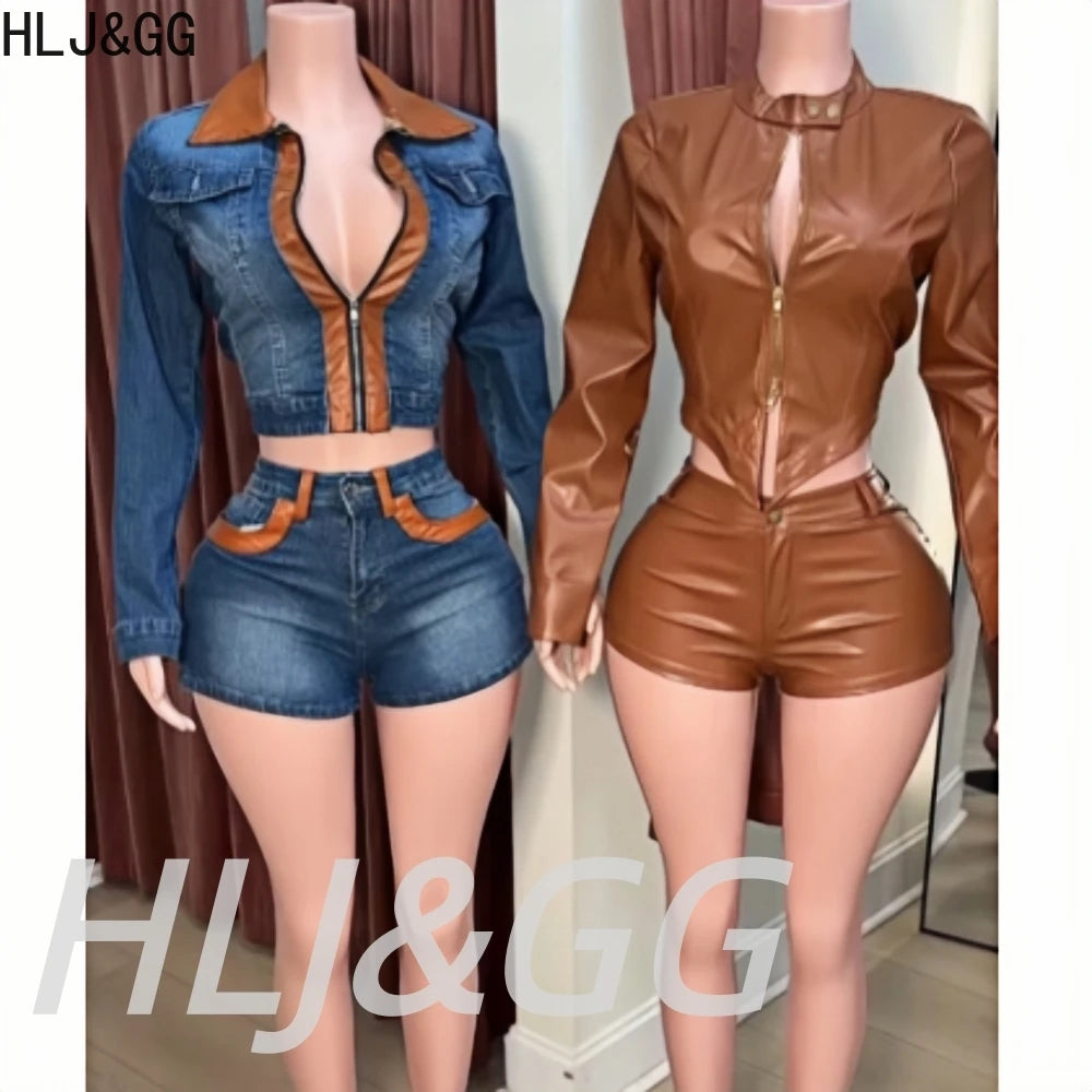HLJ&amp;GG Fashion Leather Zipper Biker Jacket Two Piece Sets Women Long Sleeve Slim Crop Top And Shorts Outfits Y2K 2pcs Streetwear