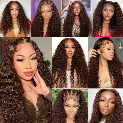 Chocolate Brown Deep Wave Frontal Wig Glueless 100% Human Hair Wig Invisible Strap 360 Full Lace 13x6 13x4 HD Lace Front Wig