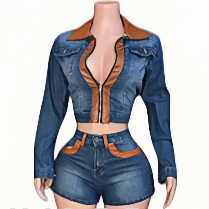 HLJ&amp;GG Fashion Leather Zipper Biker Jacket Two Piece Sets Women Long Sleeve Slim Crop Top And Shorts Outfits Y2K 2pcs Streetwear
