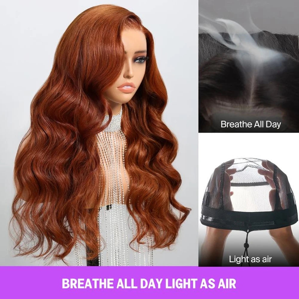 13x6 Three-Go Dark Copper Ginger Glueless Wig Loose Body Wave Hair With Drawstring Band Put On Go Human Hair Wig 210%