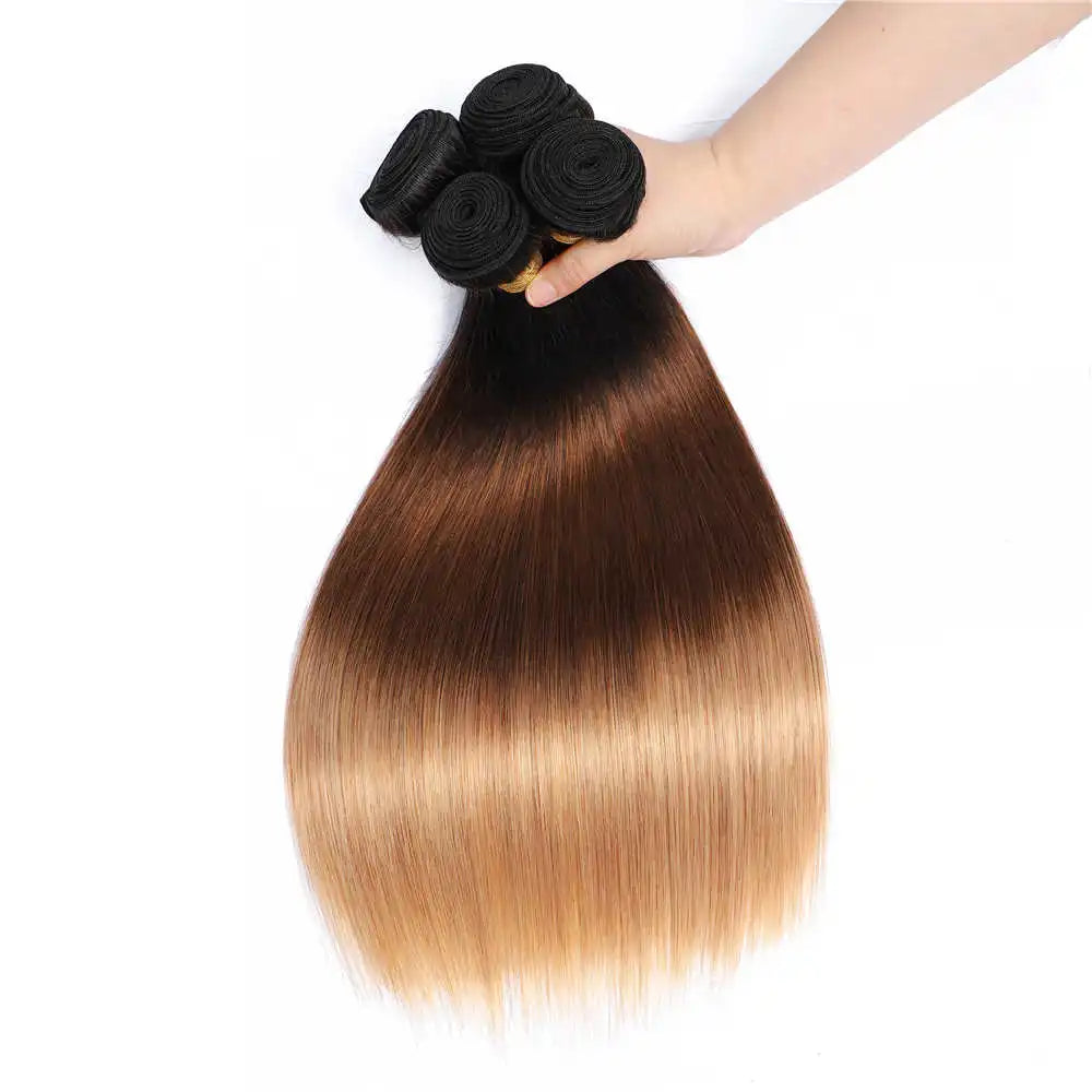 Brown Straight Human Hair Bundle with Closure 4x4 Frontal Brazilian Brown Bundles 3/4 100% Remy Human Hair Extension for Women