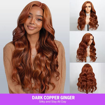 13x6 Three-Go Dark Copper Ginger Glueless Wig Loose Body Wave Hair With Drawstring Band Put On Go Human Hair Wig 210%