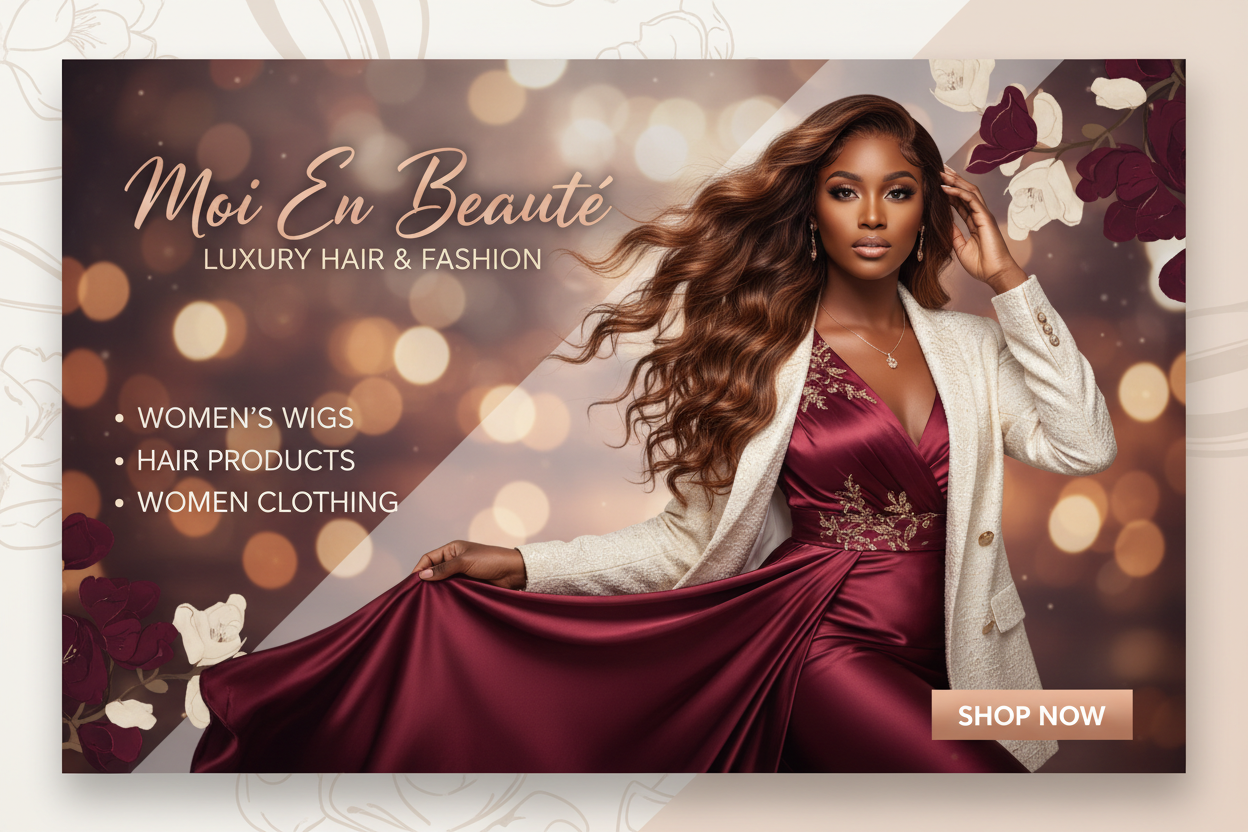 generate me a professional and high catching banner for moi en beaute store selling woman wig and hair product with woman clothes with high catching background